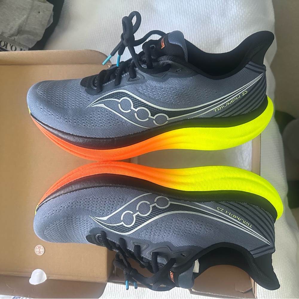 Saucony Men’s Gray Knit Running Shoes with Neon Orange and Yellow Gradient Soles - Picture 4 of 7